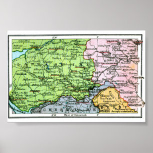 Poster - Oude kaart van Yorkshire/Lancashire