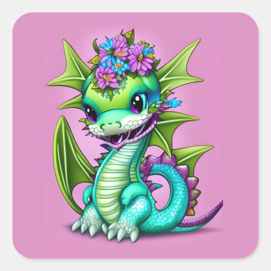 Poster Paarse en groene Baby Dragon Vierkante Sticker (Voorkant)