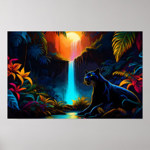 Poster "Panter bij een waterval"