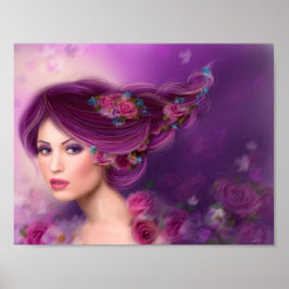Poster Papier Fantastische vrouw paarse bloemen