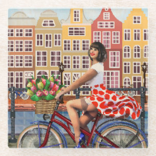 Poster: Pin-Up Girl Cycling. Glazen Onderzetter