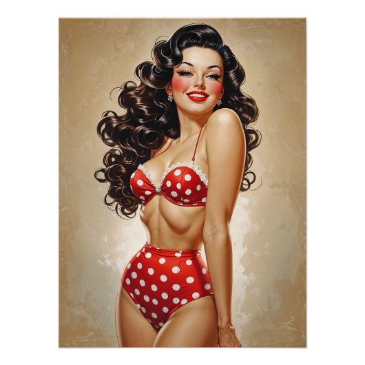 Poster Pinup Brune in Bikini Rood in Pois (Voorkant)