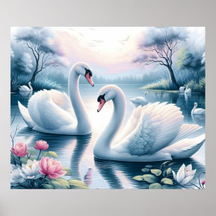Poster Print - Zwanen in een rustige waterlelievij