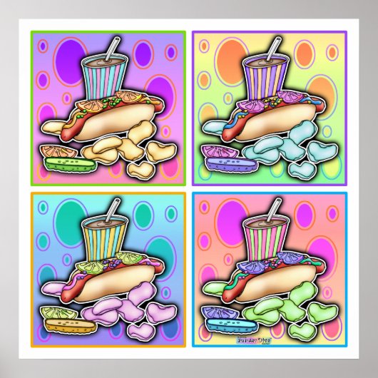 Poster, Prints - Pop Art Hot Dog met chips en Dr. (Voorkant)