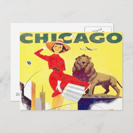poster retro vliegtuig van chicago reistoerisme briefkaart (Voorkant / Achterkant)