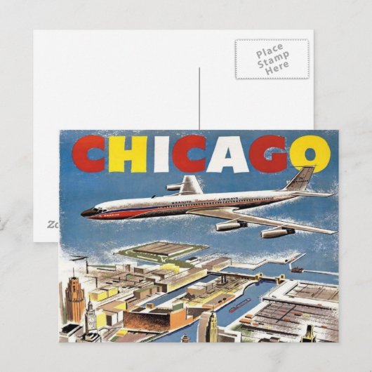 poster retro vliegtuig van chicago reistoerisme briefkaart (Voorkant / Achterkant)