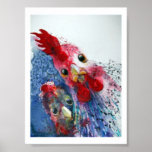 Poster - Rooster en Hen in Waterverven