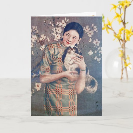Poster Shanghai en Voman Papillon Dog Kaart (Gele Bloem)