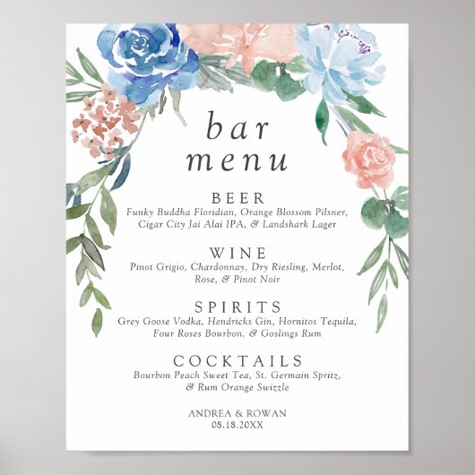 Poster Stusty Blue en Pink Floral Wedding Bar (Voorkant)