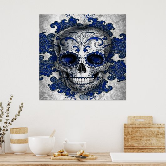 Poster suikerschedel in blauw (Keuken)