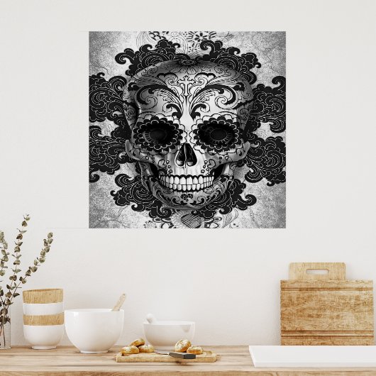 Poster suikerschedel in zwart-wit (Keuken)