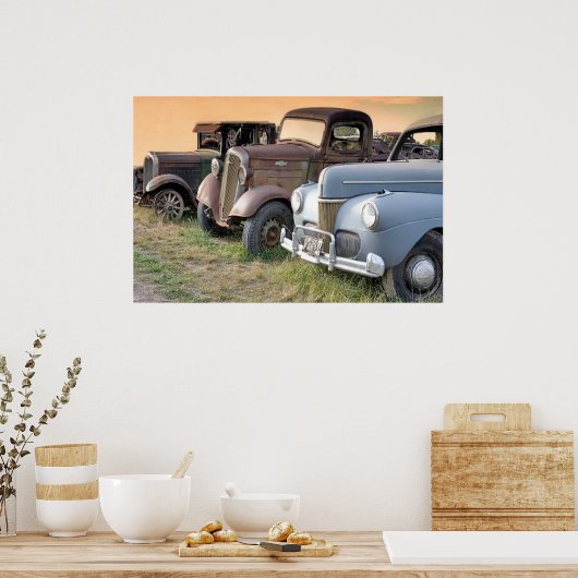 Poster van Antiek vrachtwagens en auto's (Keuken)
