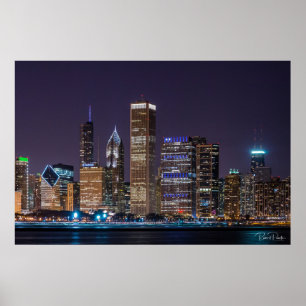 Poster van Chicago Skyline Illinois met Night Sky