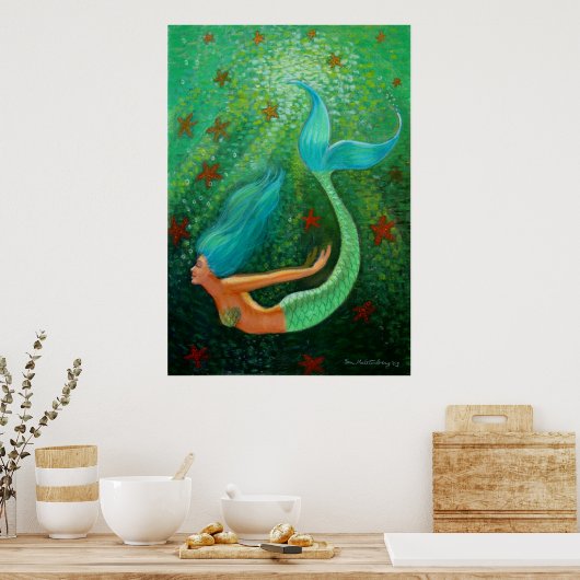 Poster van de blauwe haarverzeemeermin (Keuken)