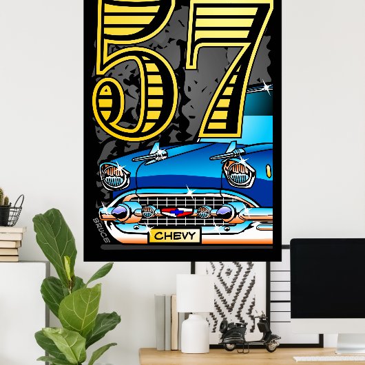 Poster van de Cartoon van de Chevy Car uit 1957 (Thuiskantoor)