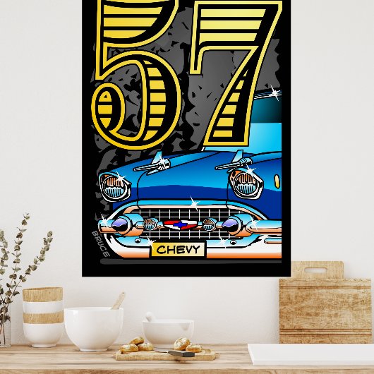 Poster van de Cartoon van de Chevy Car uit 1957 (Keuken)
