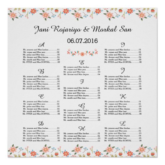Poster van de Floral Wedding Seating Chart (Voorkant)