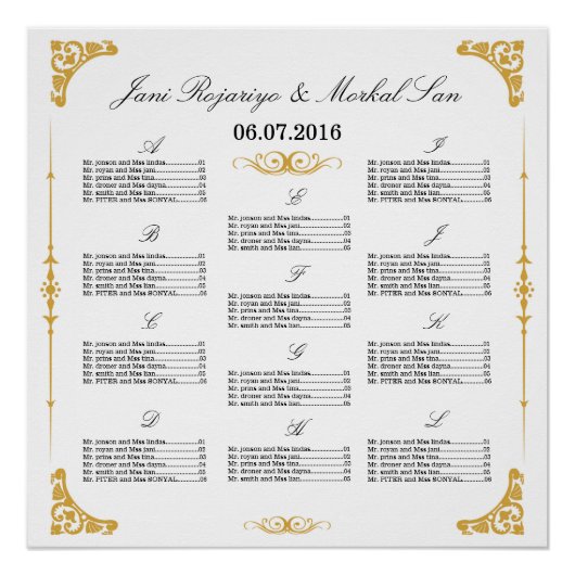 Poster van de Golden Wedding Seating Chart (Voorkant)