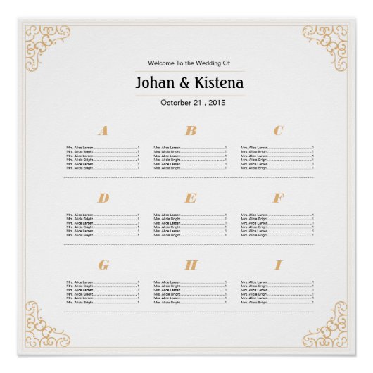 Poster van de Golden Wedding Seating Chart (Voorkant)