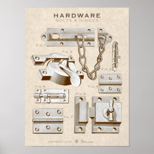  Poster van de Hardware Bolts-Hinges Antiek Sepia
