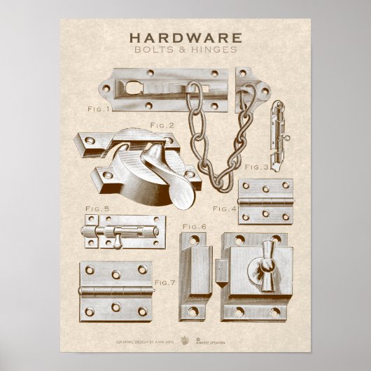 Poster van de Hardware Bolts-Hinges Antiek Sepia (Voorkant)