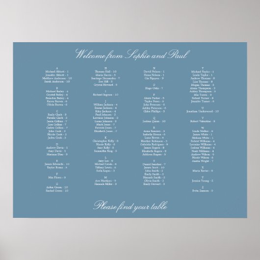 Poster van de mosterd Blue Alfabetical Seat Chart (Voorkant)