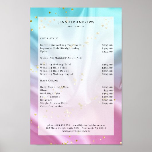 Poster van de prijslijst voor gematigde zalon (Voorkant)