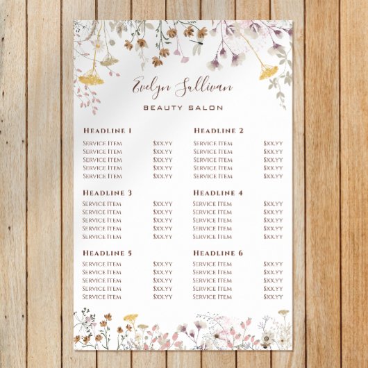 Poster van de prijslijst voor wilde bloemen