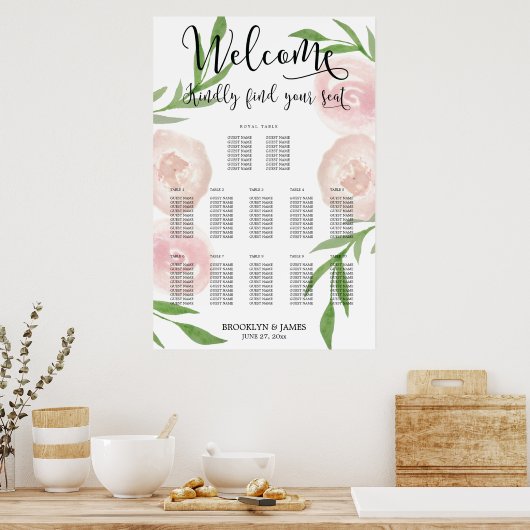 Poster van de roze Floral Wedding Seating Chart 24 (Keuken)