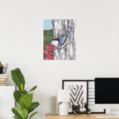 Poster van de witte nuthatch en de roze bloemen (Thuiskantoor)