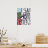 Poster van de witte nuthatch en de roze bloemen (Keuken)