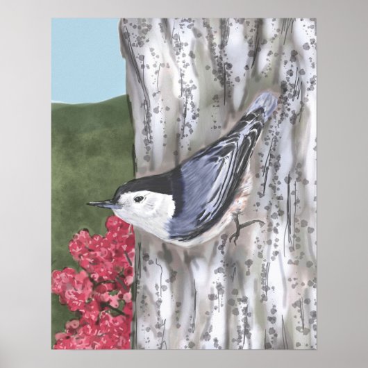 Poster van de witte nuthatch en de roze bloemen (Voorkant)