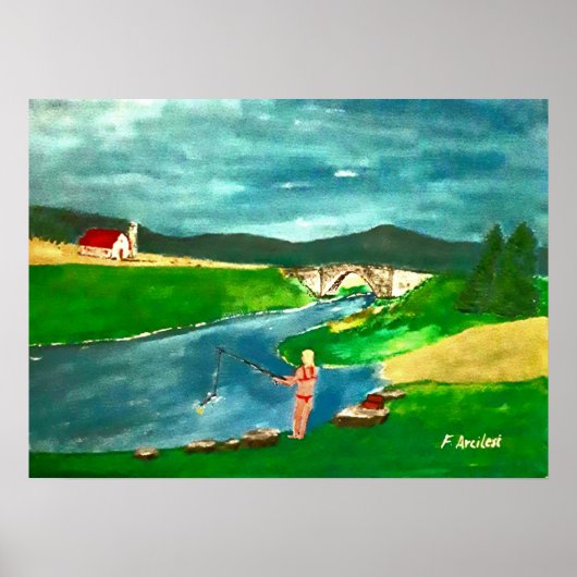 Poster van een meisje dat is gaan vissen (Voorkant)