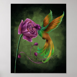 Poster van fantasievolle kolibrie en paarse roos