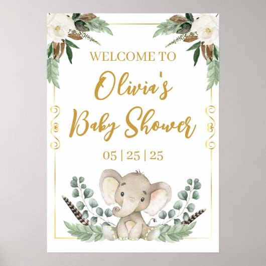 Poster van goudolifant Baby shower (Voorkant)
