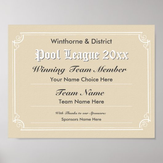 Poster van het competitiecertificaat voor pool (Voorkant)
