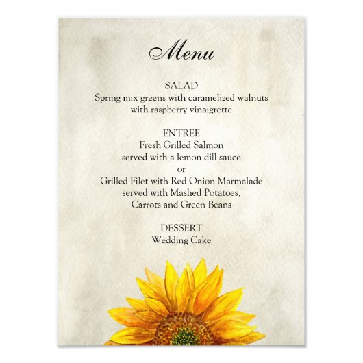 Poster van het Sunflower bruiloft menu. diner Rust (Voorkant)
