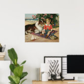 Poster van kleine jongen, collie en blauwvogels (Thuiskantoor)