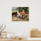 Poster van kleine jongen, collie en blauwvogels (Keuken)