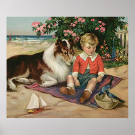 Poster van kleine jongen, collie en blauwvogels