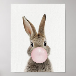 Poster van konijn dat roze kauwgom blaast