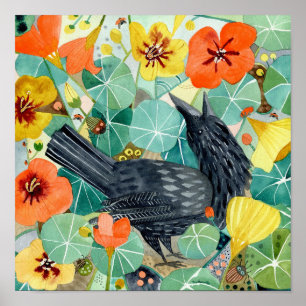 Poster van kraai en nasturtium