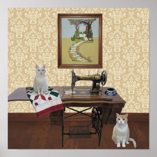 Poster van naaigarens met Antiek naaimachine (Voorkant)