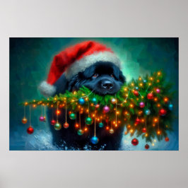 Poster van Newfie die een kerstboom draagt