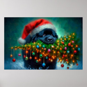 Poster van Newfie die een kerstboom draagt