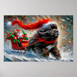 Poster van Newfie die Santa's slee trekt