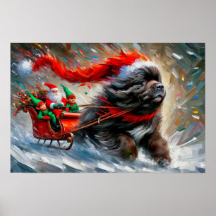 Poster van Newfie die Santa's slee trekt