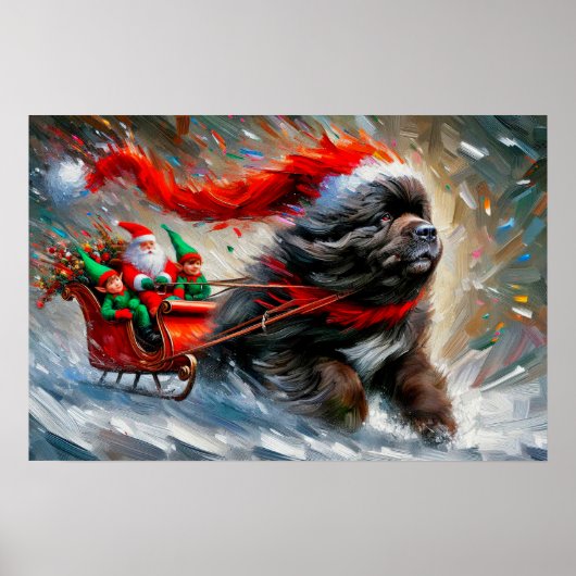 Poster van Newfie die Santa's slee trekt (Voorkant)
