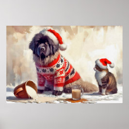Poster van Newfie met kat en gemorste eierpunch