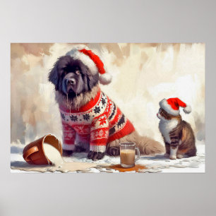 Poster van Newfie met kat en gemorste eierpunch